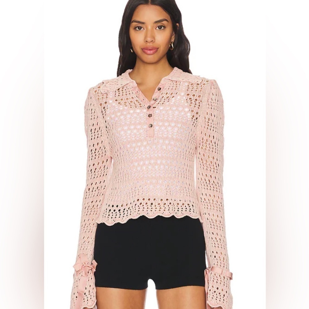 Free People|| Pointelle Crochet Pullover in Mauve Rose, Size Small - Picture 2 of 8